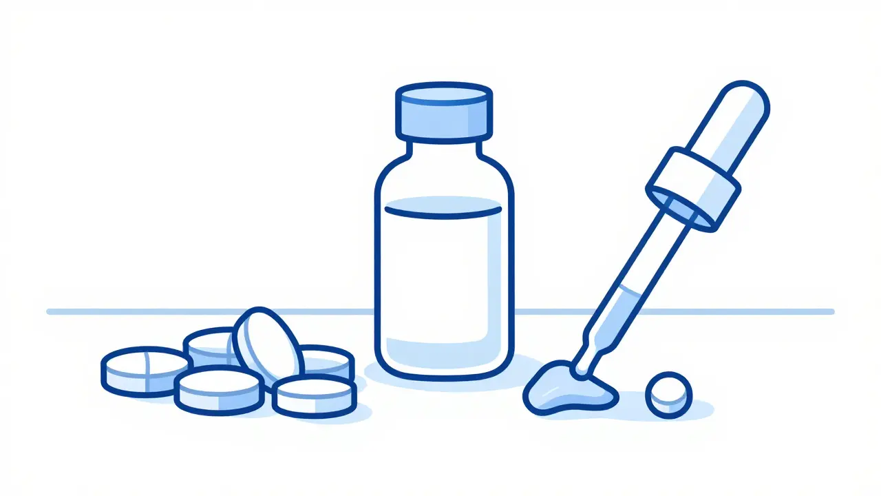 Various forms of medication including tablets and liquid in monoline style