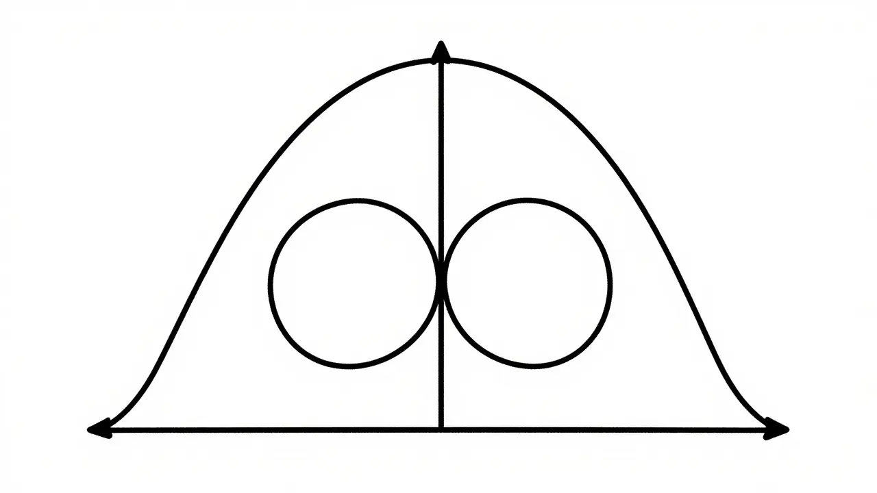 A symmetrical bell curve with overlapping circles representing drug bioequivalence.