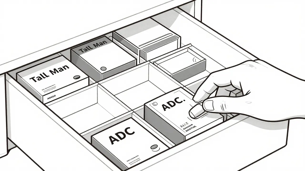 ADC drawer with separated look-alike drugs and tall man labeling