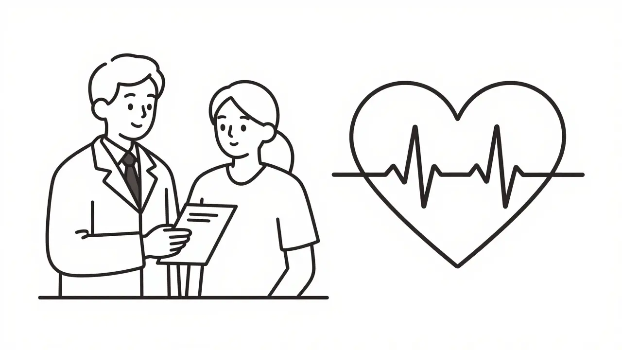Doctor and patient interaction alongside a pulsing heart icon for health safety.