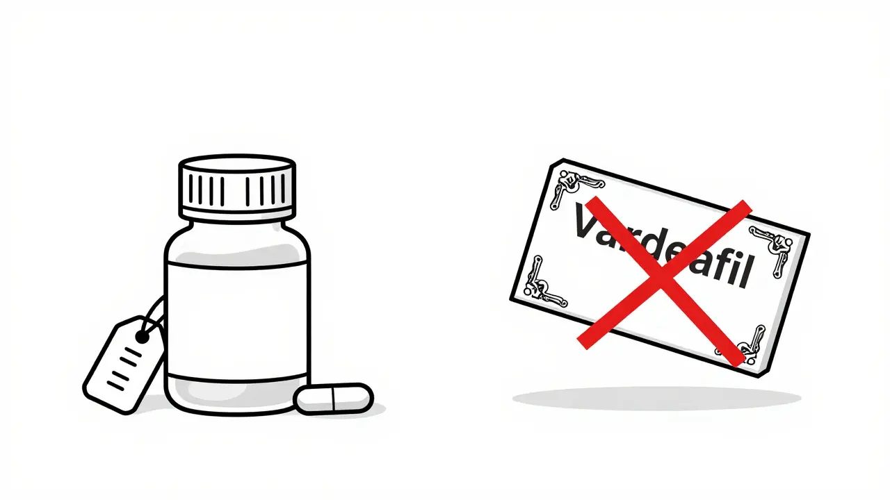 Generic pills compared to expensive brand name boxes