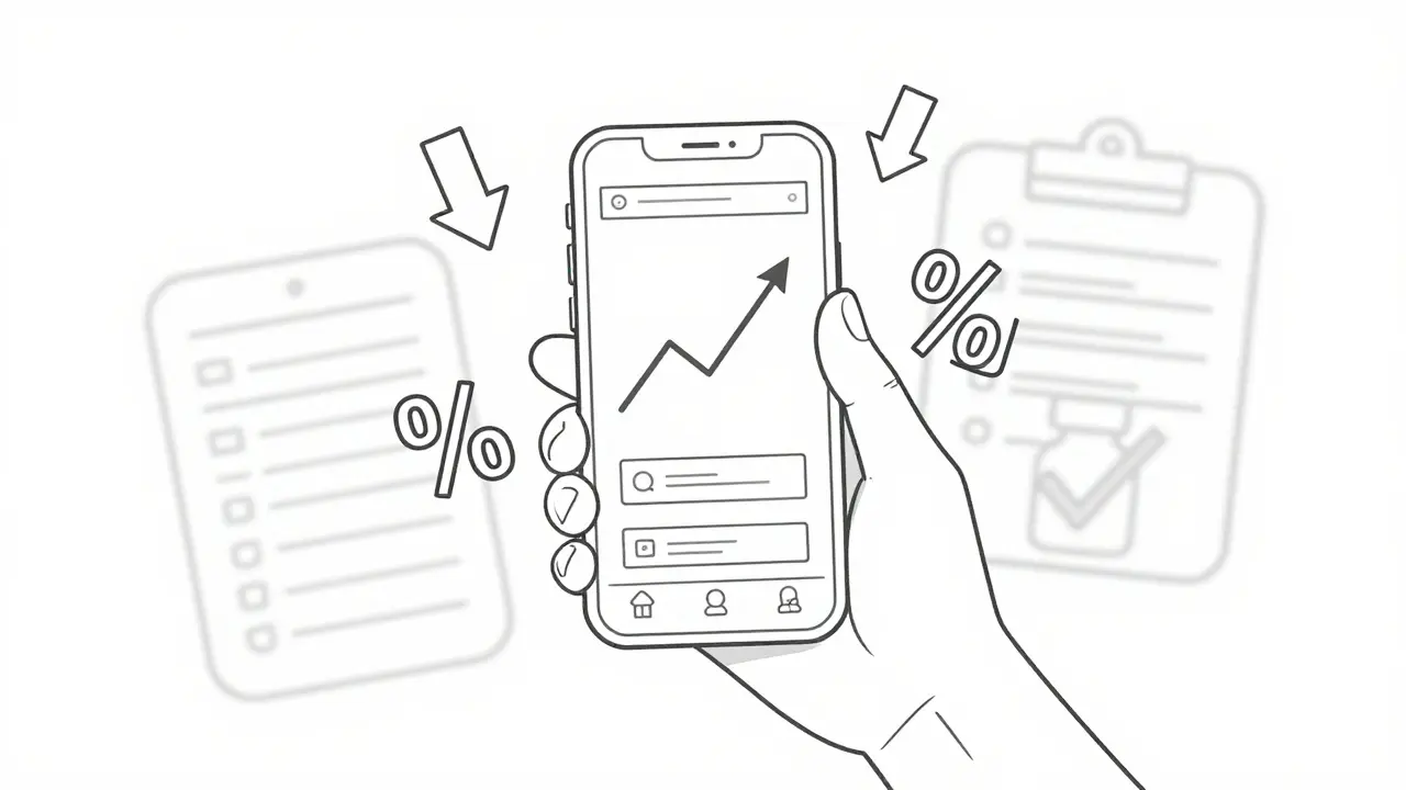 Hand holding phone with savings icons for cheap medication