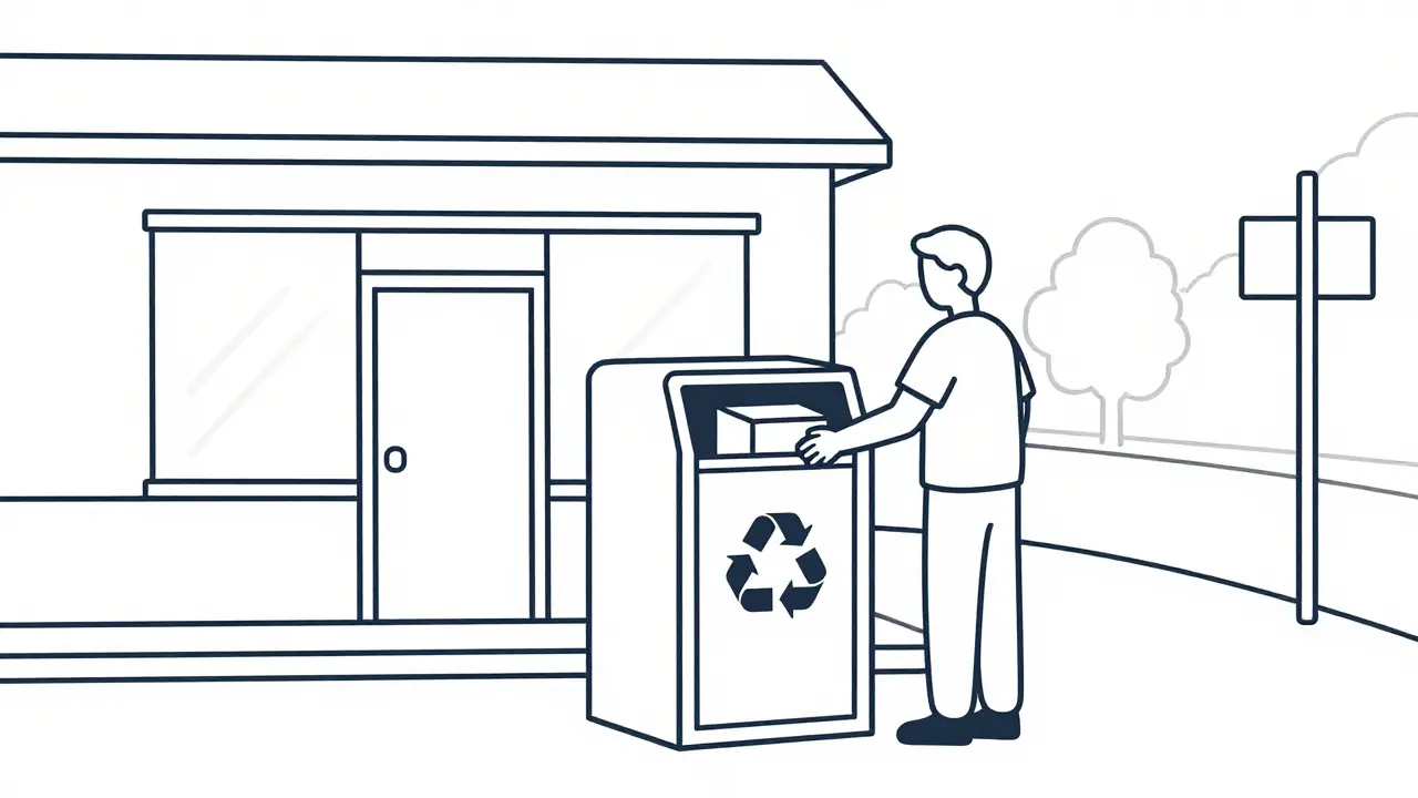 Illustration of a person using a secure drug take-back drop box at a local pharmacy.