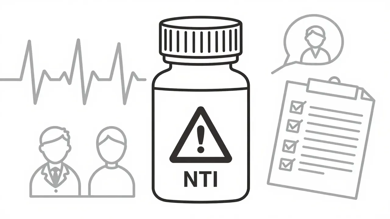 Illustration of an NTI drug bottle with symbols for enhanced monitoring and records.