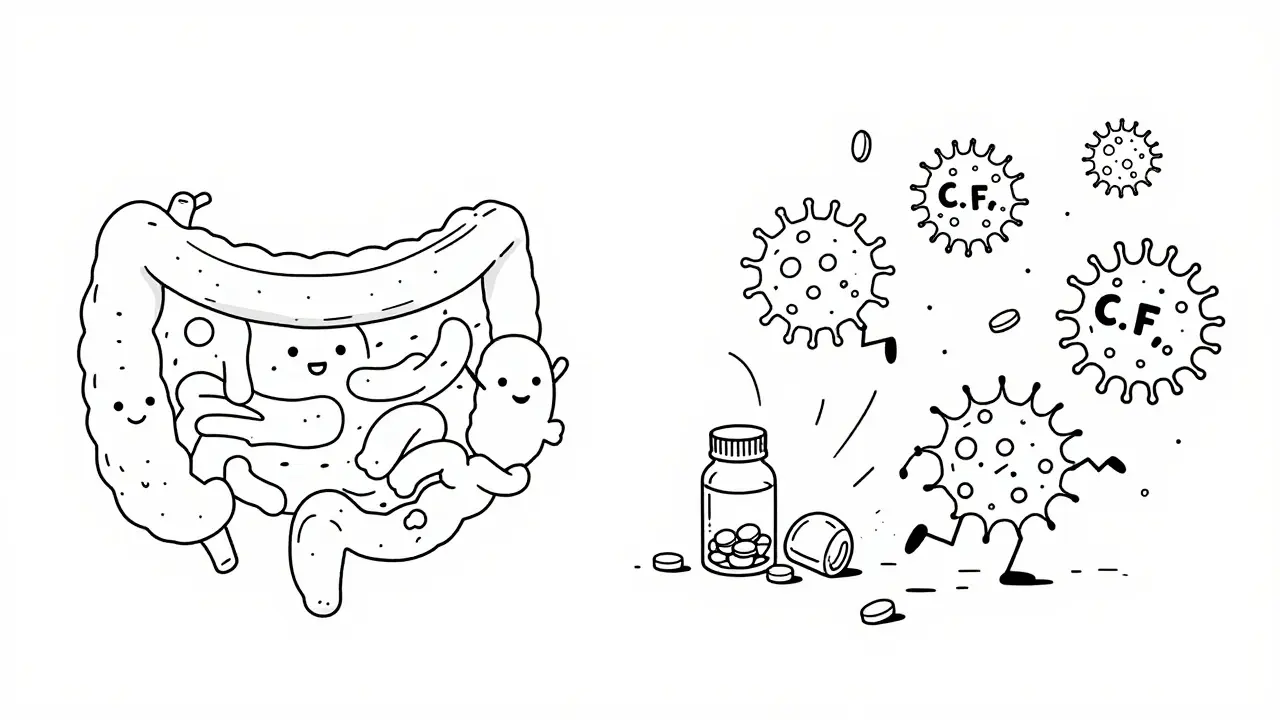 Illustration of bad bacteria invading gut after antibiotic use