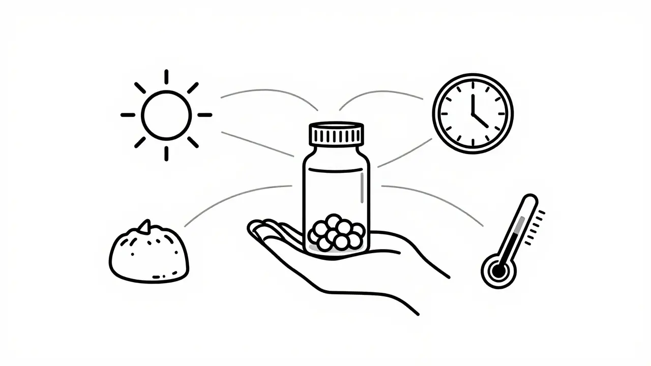 Illustration of pill bottle connected to safety icons like sun and clock