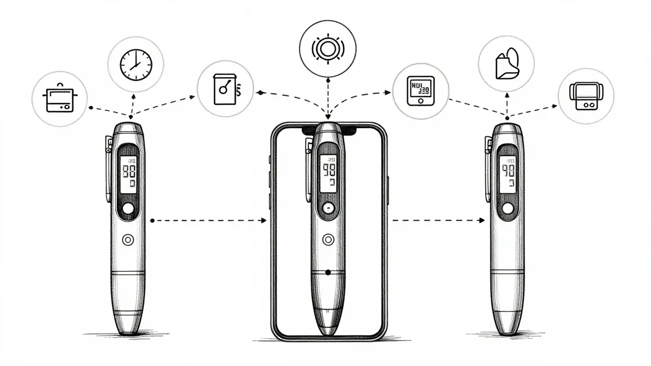Illustration of smart insulin pens connecting to mobile apps
