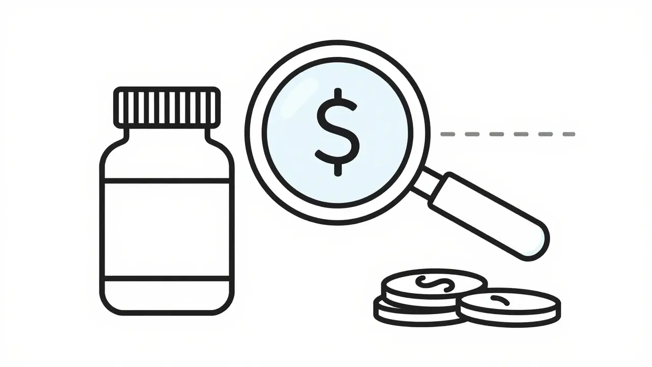 Magnifying glass examining pills and coins for price comparison