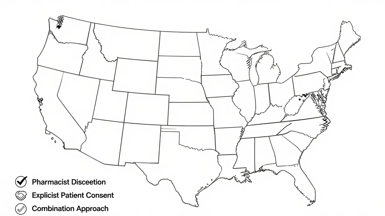 Map of US states showing different regulations for generic drug substitution documentation.