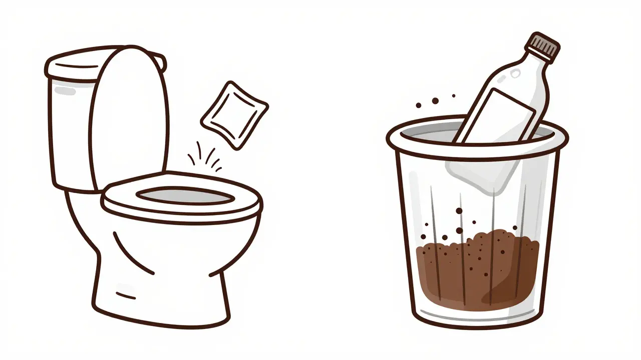 Monoline drawing comparing flushing hazardous drugs versus trashing others with coffee grounds.