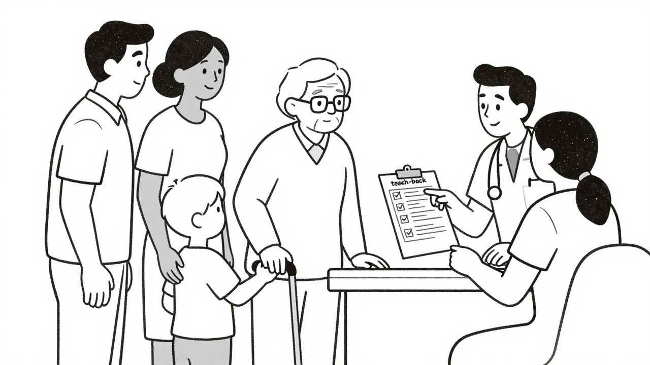 Patients reviewing medication checklist with pharmacist
