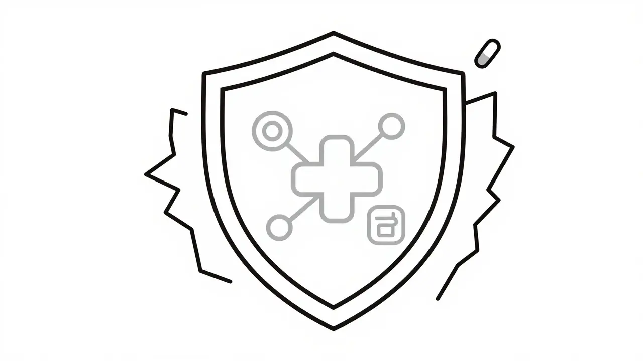 Shield protecting heart from scams, symbolizing safe online pharmacy