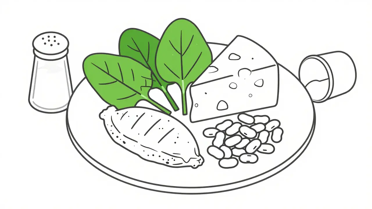Illustration of balanced diet plate with cheese and spinach