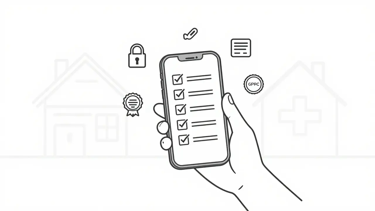 Illustration of smartphone showing verified pharmacy safety icons
