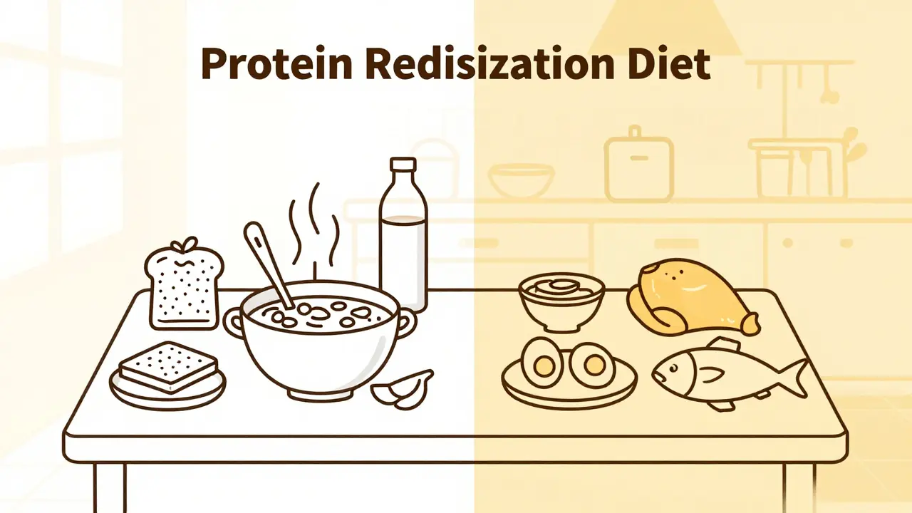 Line art showing low-protein daytime meals on one side and high-protein dinner on the other.