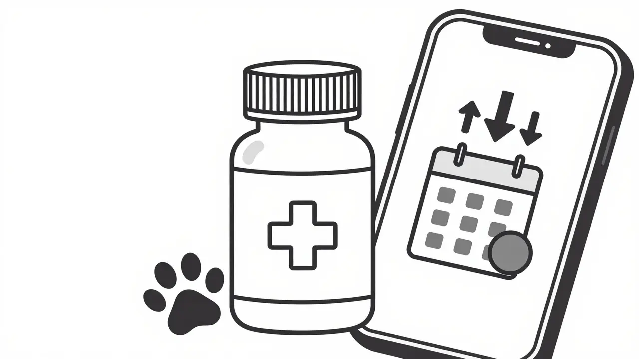 Medication bottle, phone, and calendar for pet care