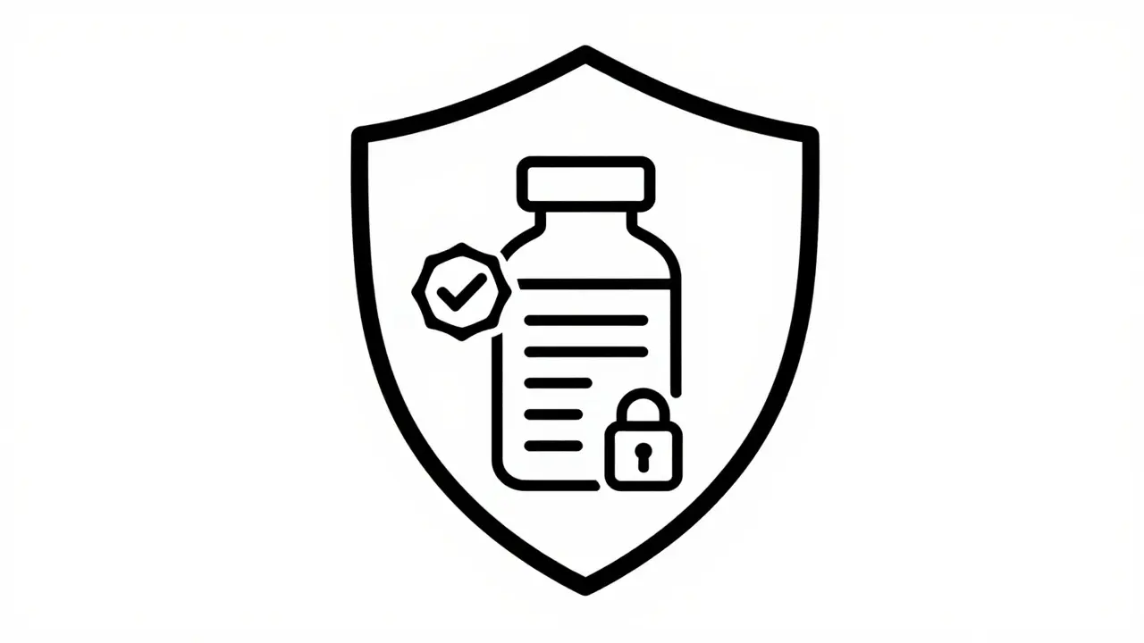 Minimalist line art of a shield protecting a medicine bottle, symbolizing safe online pharmacy