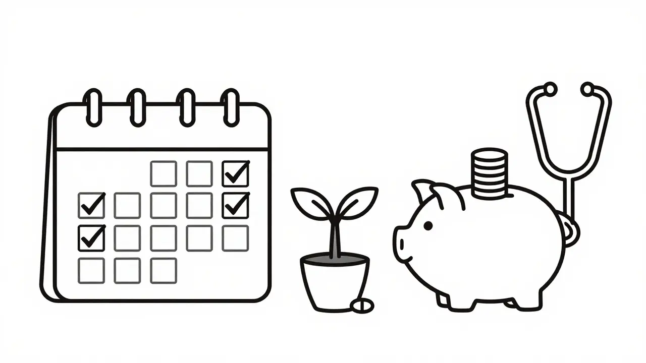 Monoline art of calendar, savings piggy bank, and health symbols