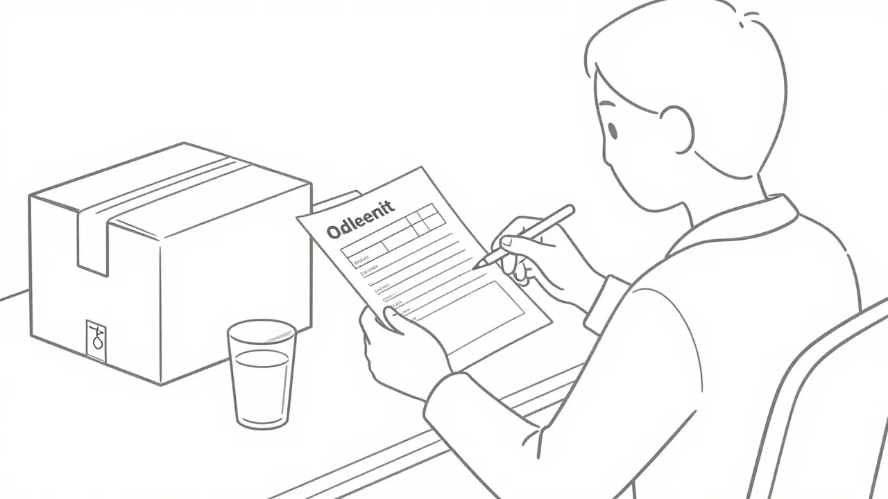 Person calmly reviewing prescription order and package