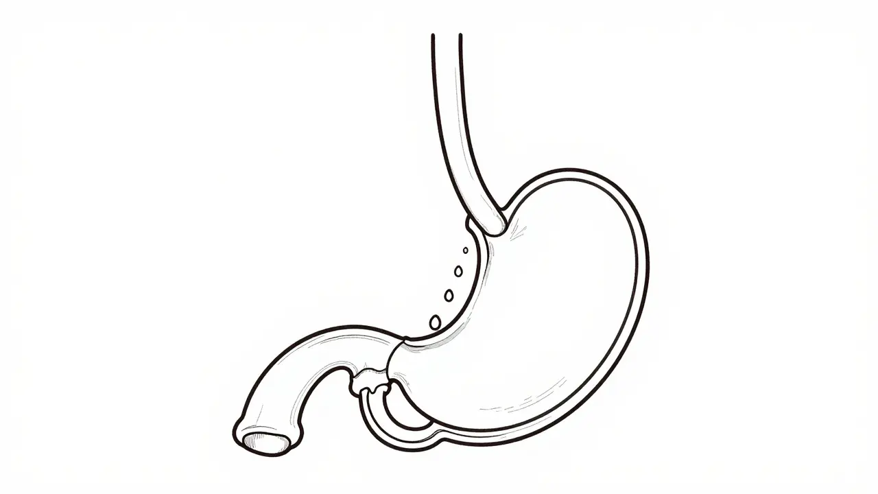 Schematic line drawing of stomach acid reflux during pregnancy