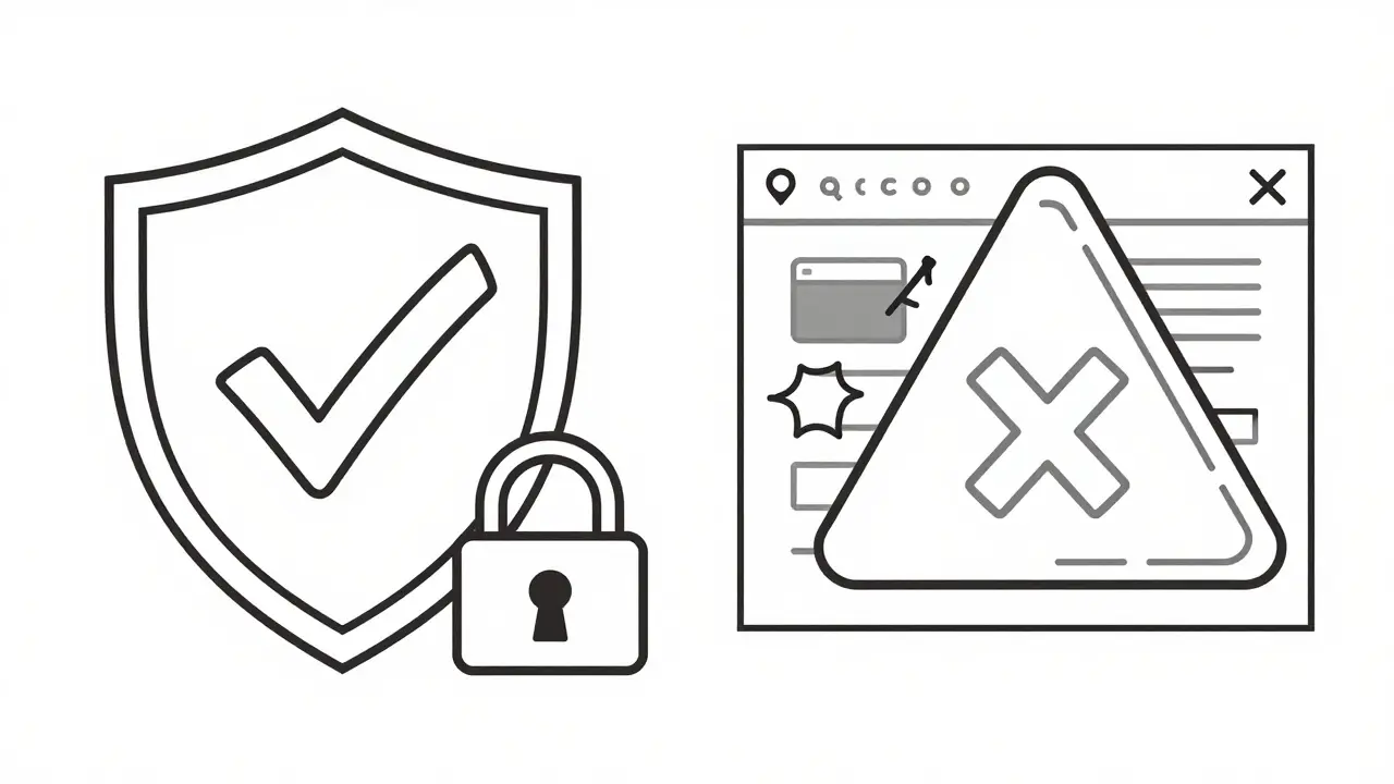 Shield vs warning sign comparing safe and fake pharmacies