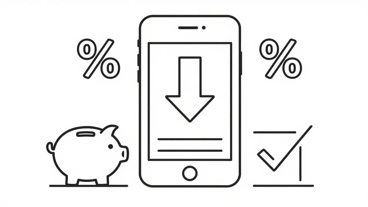 Single-line illustration of smartphone showing coupon savings for medication