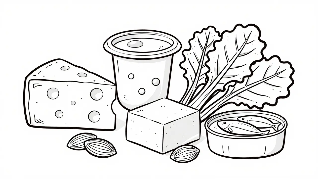 Assortment of low-lactose foods like cheese and greens