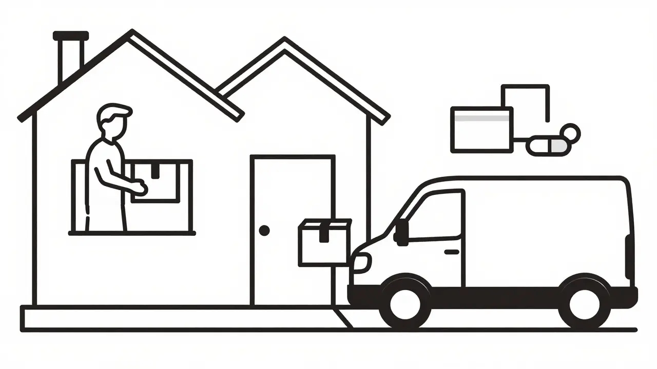 Courier delivering medication package to patient's doorstep
