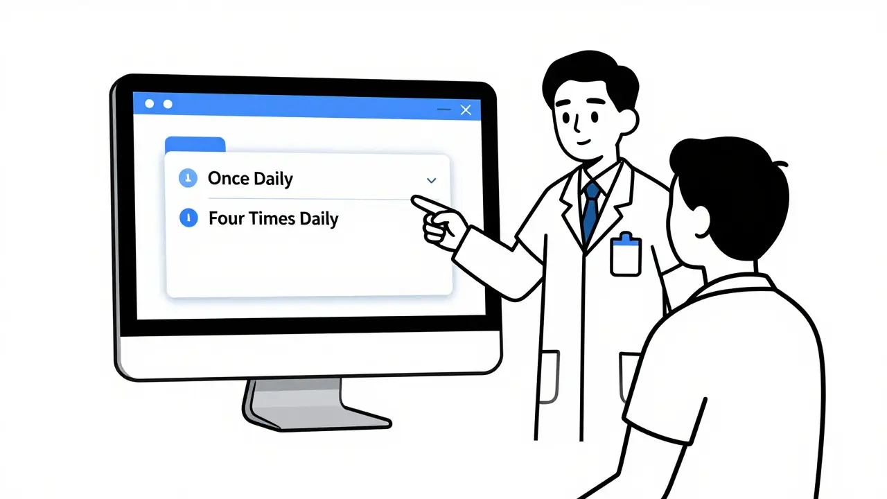 Doctor explaining clear digital prescription options to a patient on a computer screen