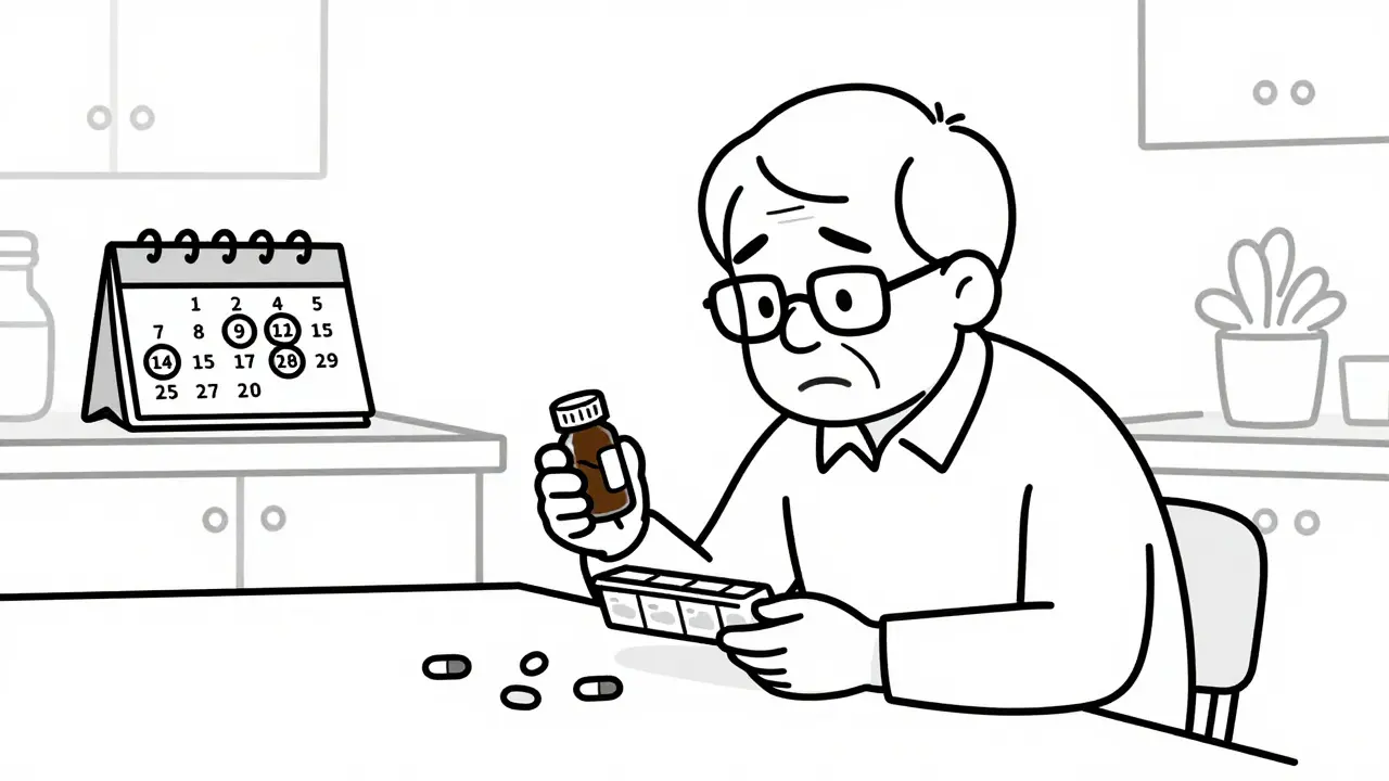 Elderly patient looking confused with pills and organizer, illustrating medication complexity