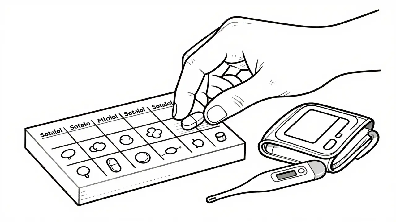 Hand placing pill in organizer next to blood pressure monitor