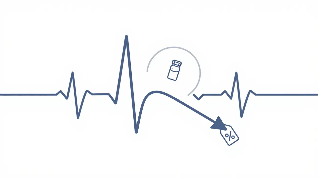 Heart rhythm line turning into a downward arrow for health and savings