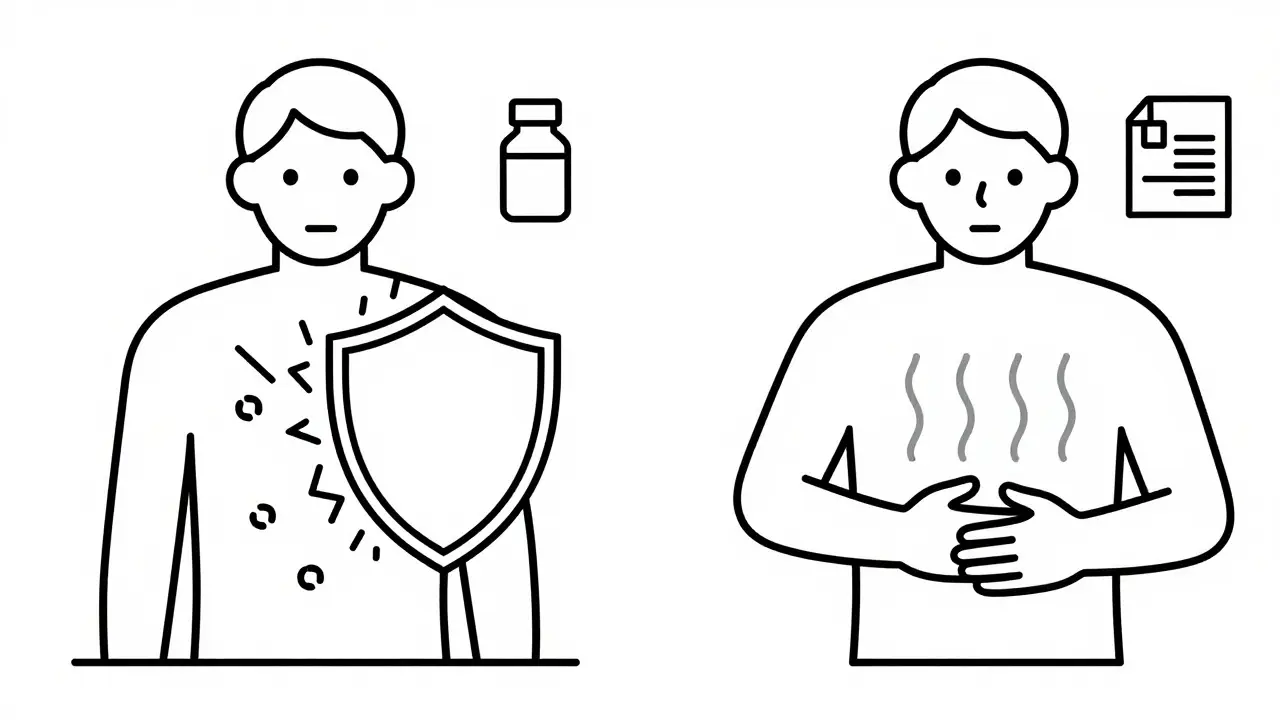 Illustration comparing true drug allergy symptoms vs mild side effects.