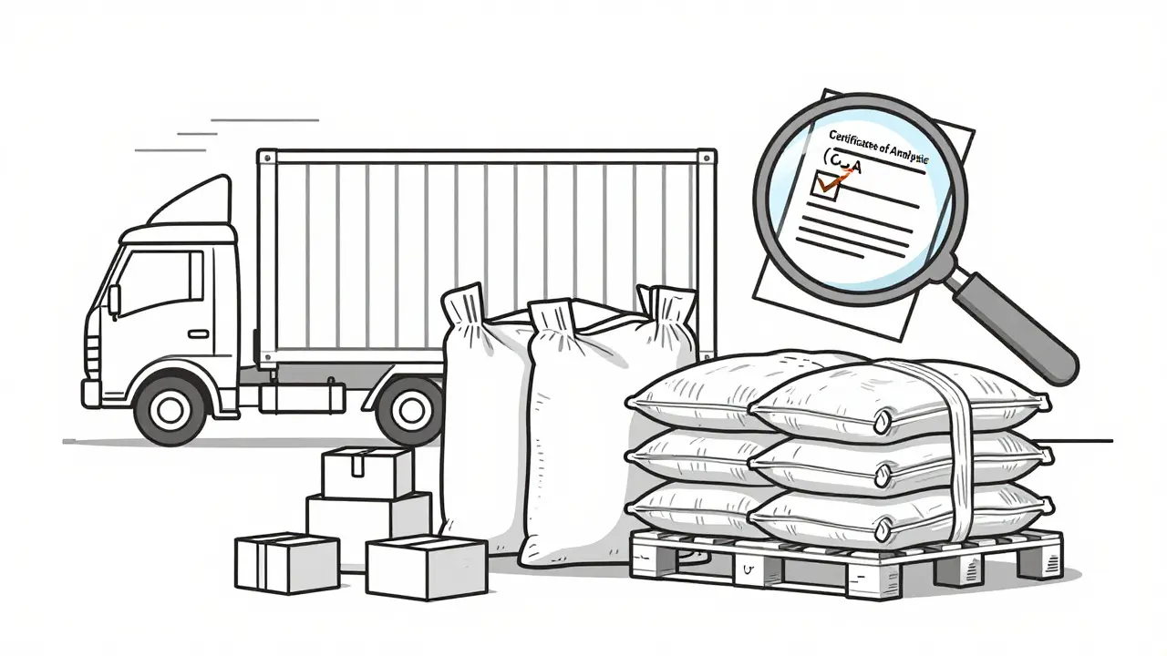 Illustration showing small retail boxes versus bulk industrial sacks and shipping logistics.
