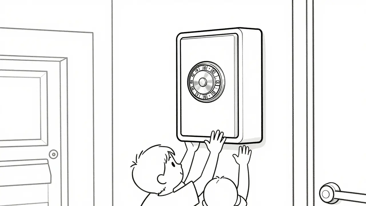 Line drawing of a high-mounted locked medicine box out of children's reach