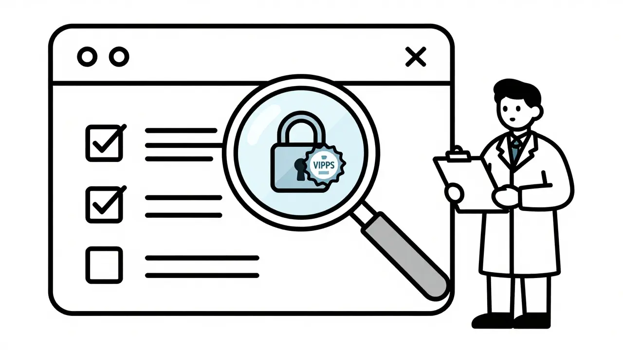 Magnifying glass verifying safe pharmacy security seals