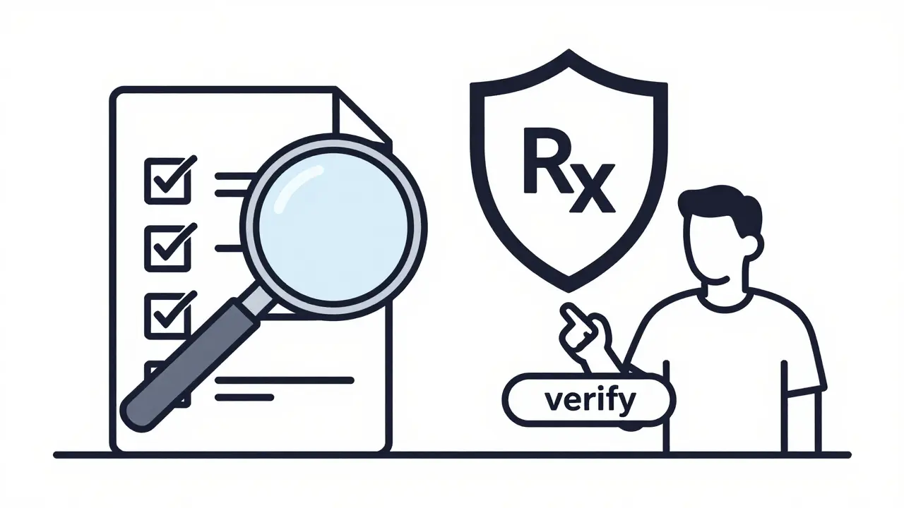 Monoline art of a magnifying glass verifying safe online pharmacy credentials