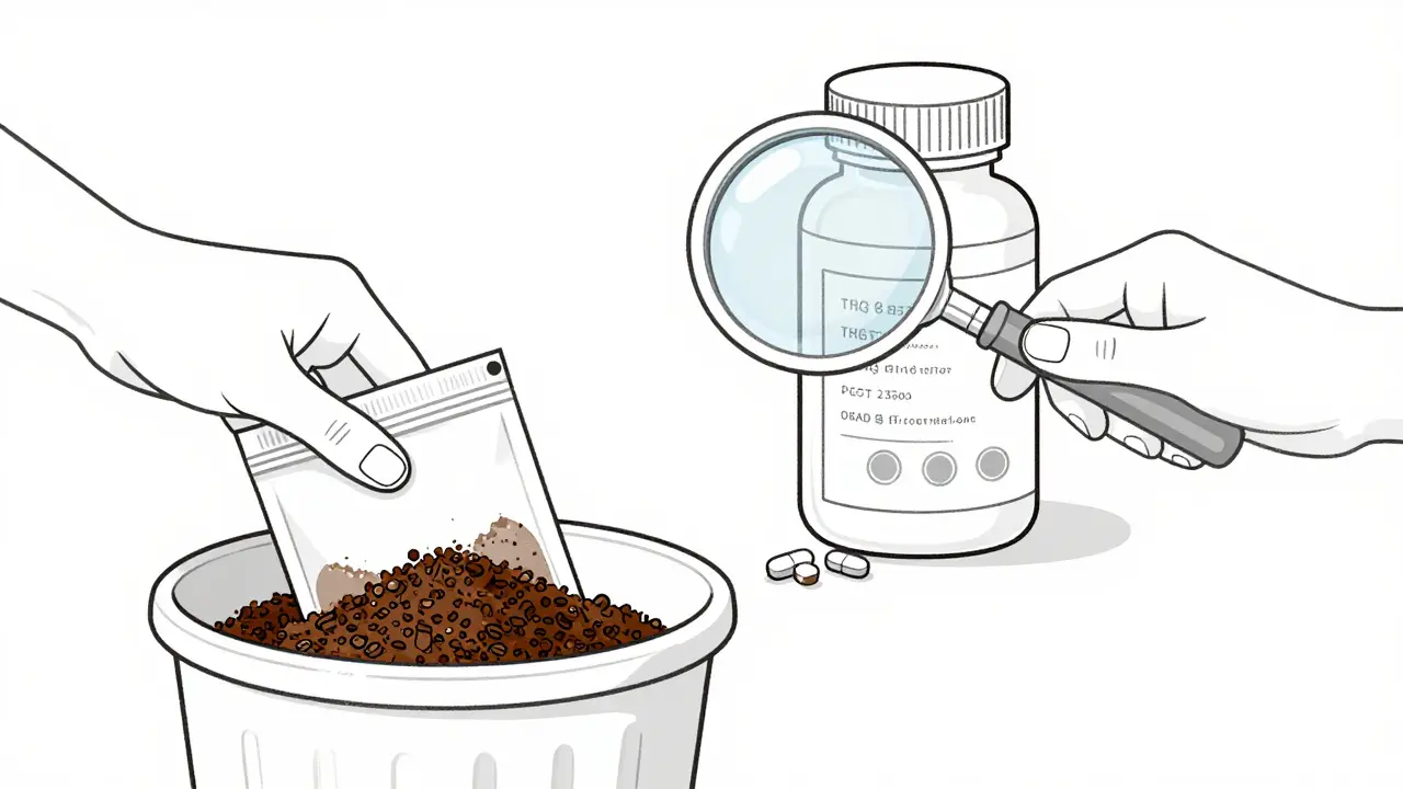 Monoline art showing safe drug disposal and checking pill authenticity
