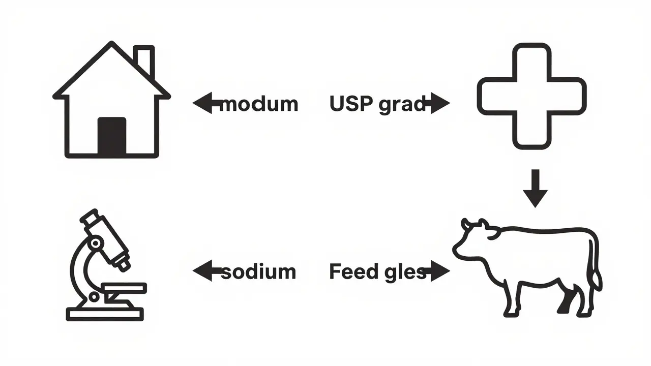 Monoline icons representing four grades of sodium bicarbonate: consumer, USP, lab, and feed.