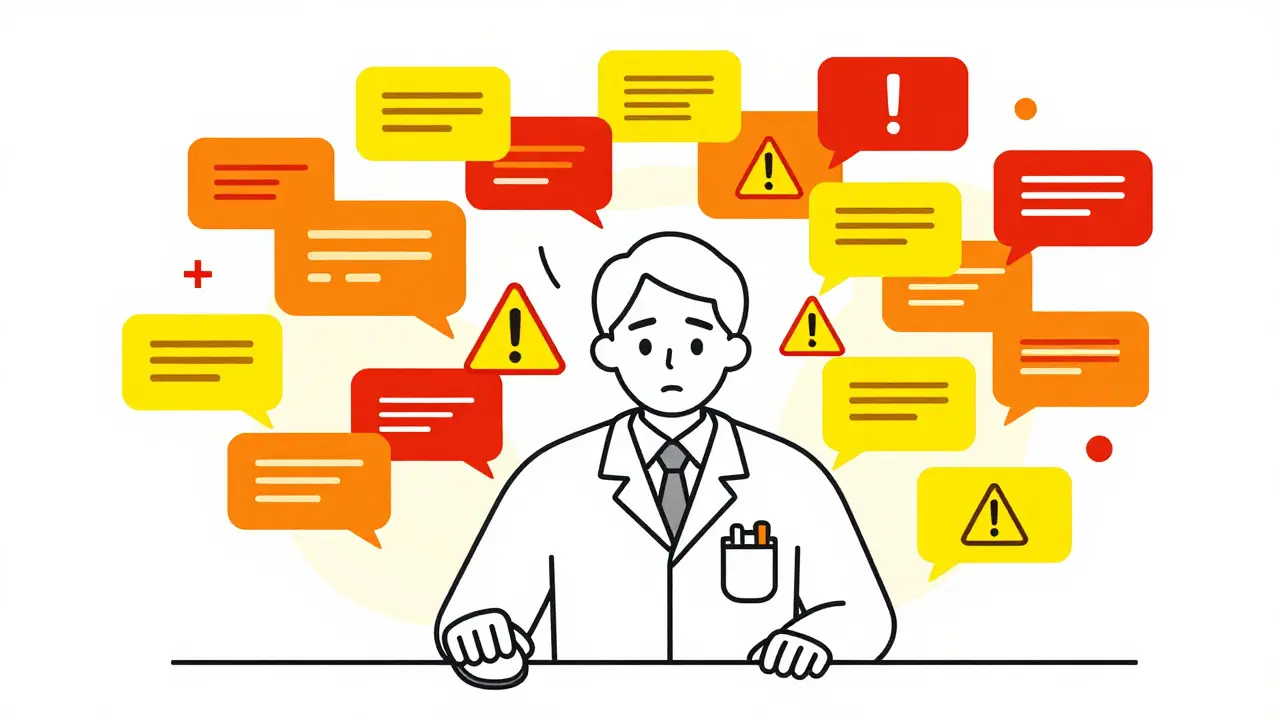 Pharmacist overwhelmed by floating alert icons representing alert fatigue.