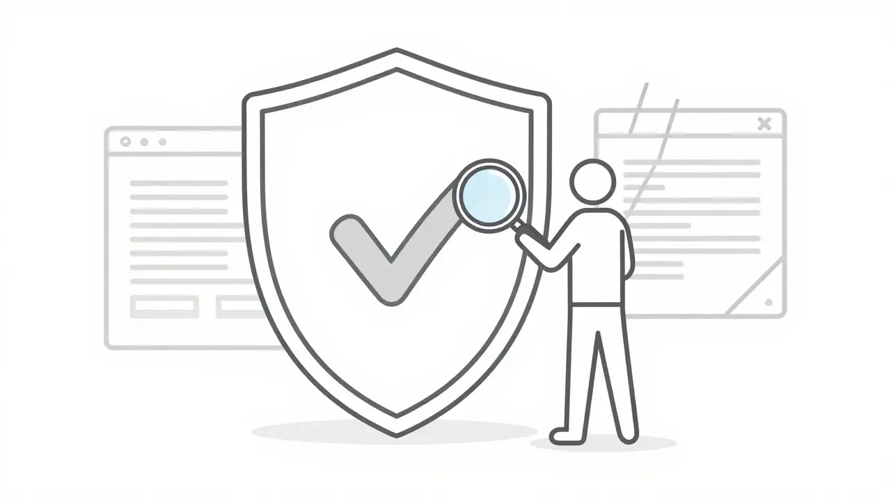 Shield icon and magnifying glass representing safe online pharmacy verification
