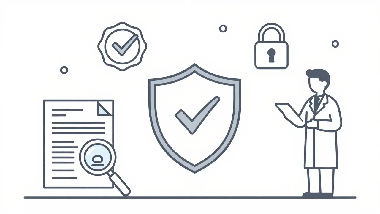 Shield icon with verification badges for safe online pharmacy