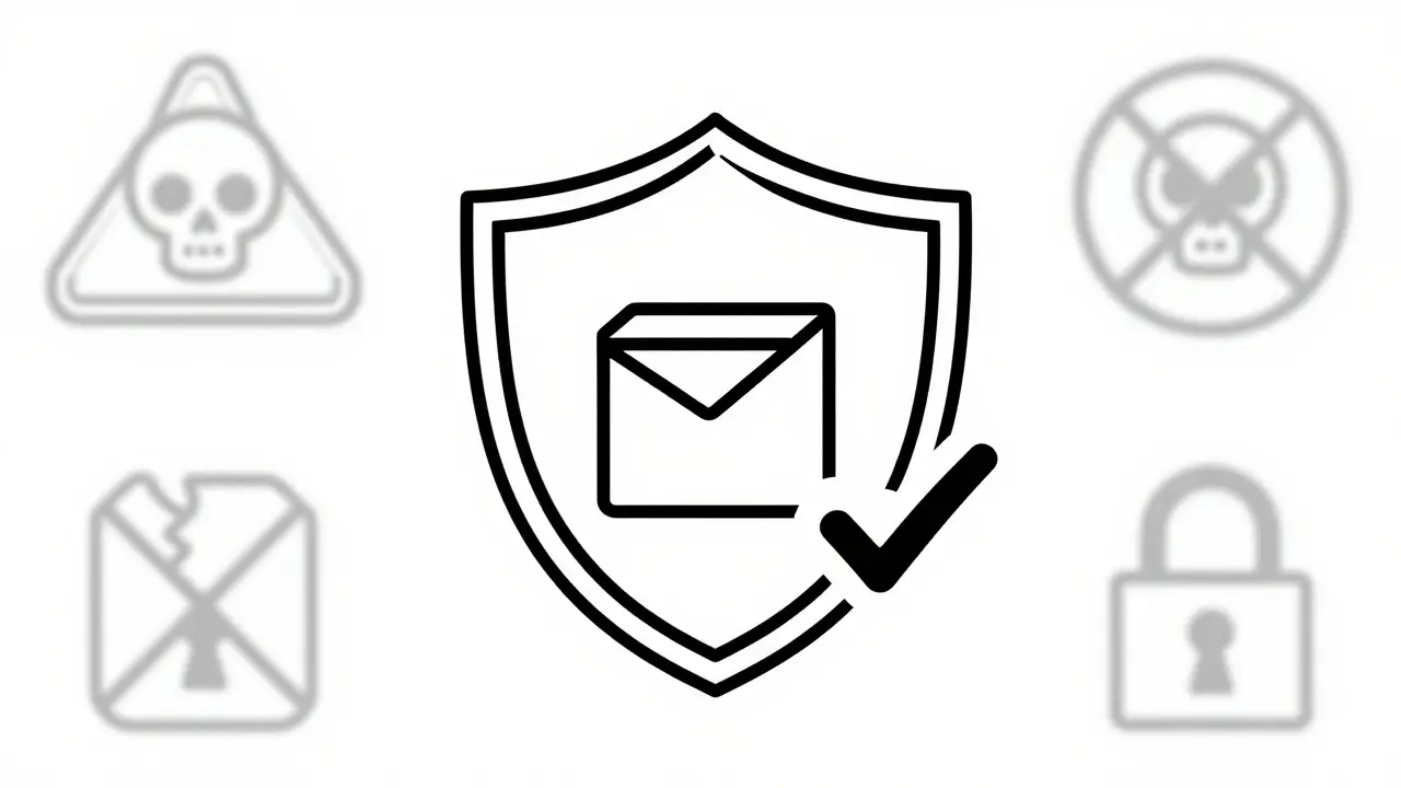 Shield protecting online pharmacy order symbolizing safety