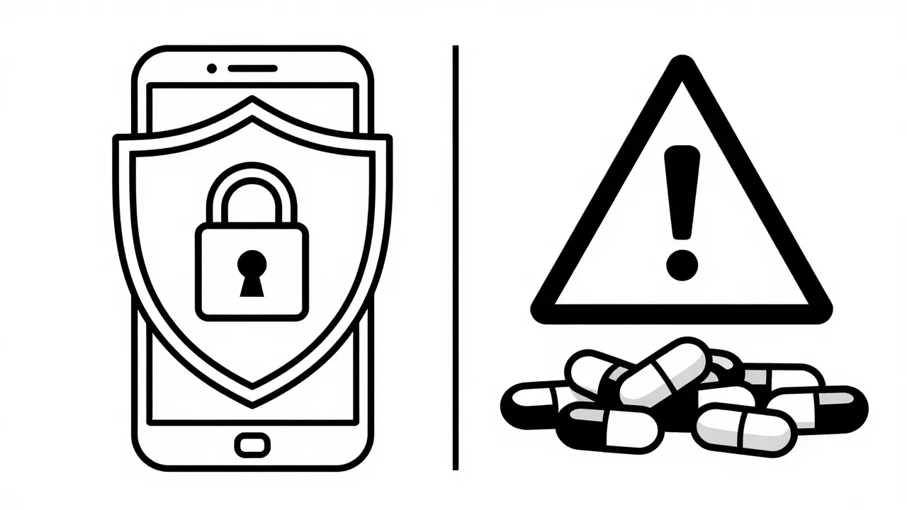 Shield protecting phone versus warning sign for online pharmacy scams