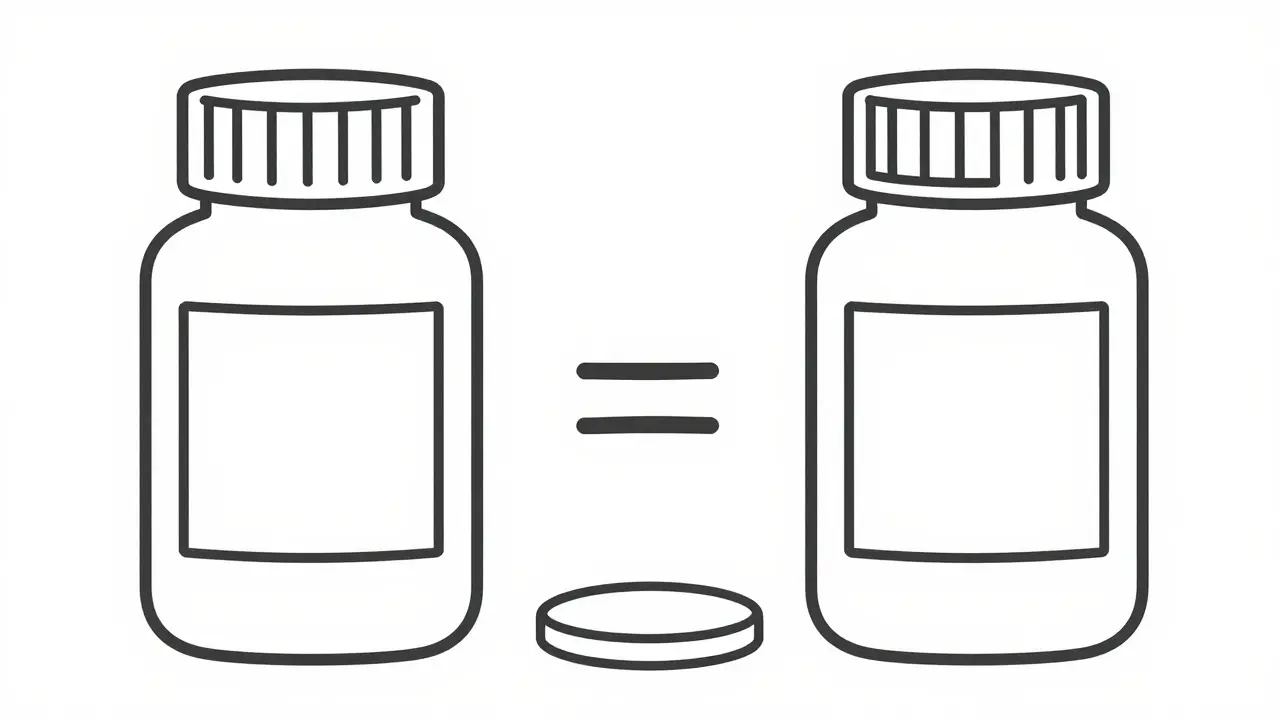 Two pill bottles equated with a coin showing generic savings