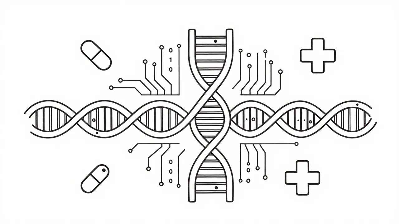 DNA helix merging with tech circuits in monoline style, symbolizing AI and genetics in drug safety.