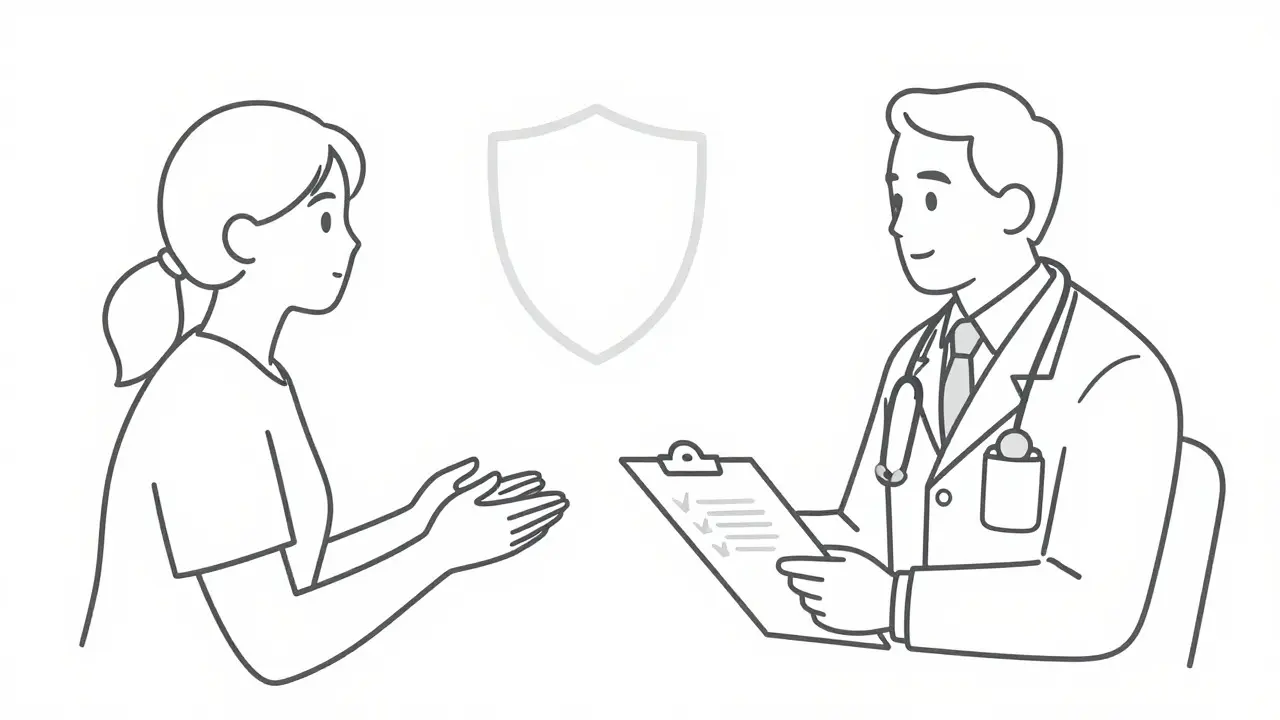 Doctor and patient discussing medication risks, highlighted by a protective shield icon in line art.