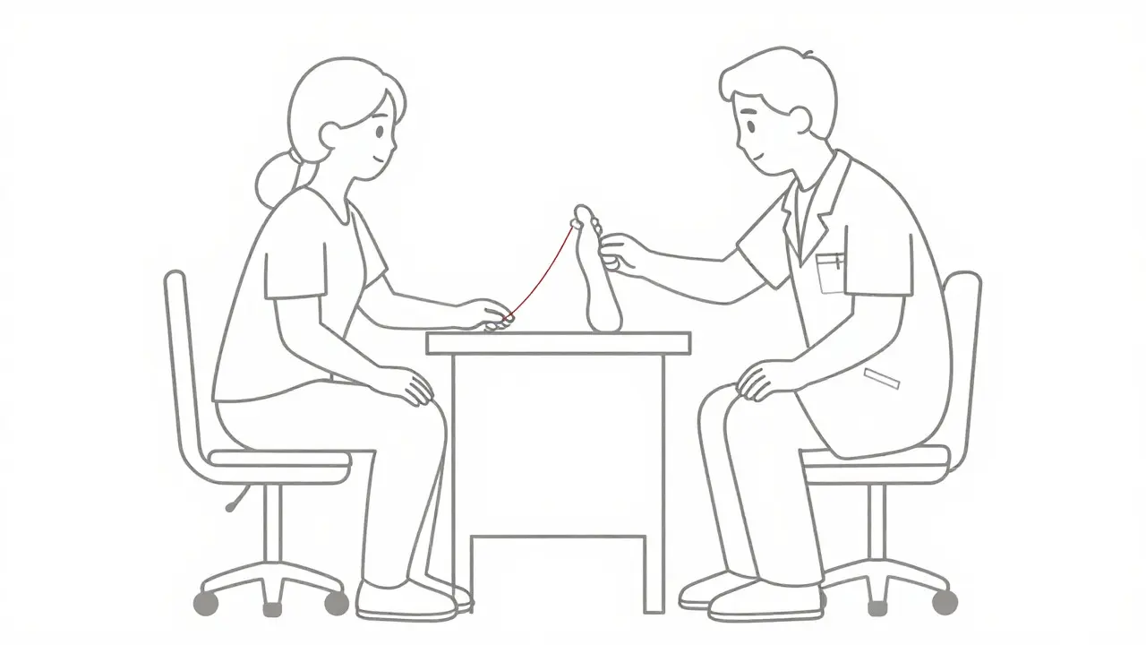 Doctor testing a patient's foot sensation with a monofilament wire