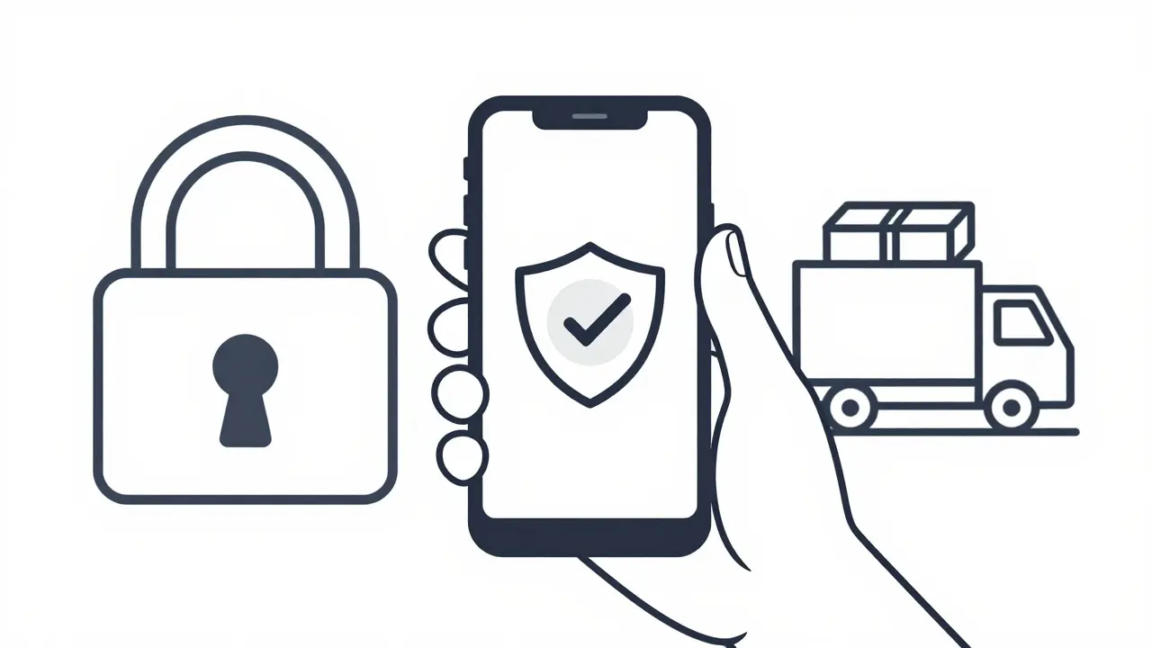 Hand holding phone with security shield and delivery truck icon