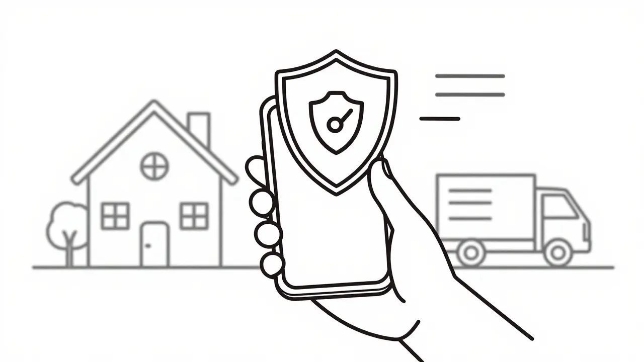 Hand holding phone with security shield for safe online ordering